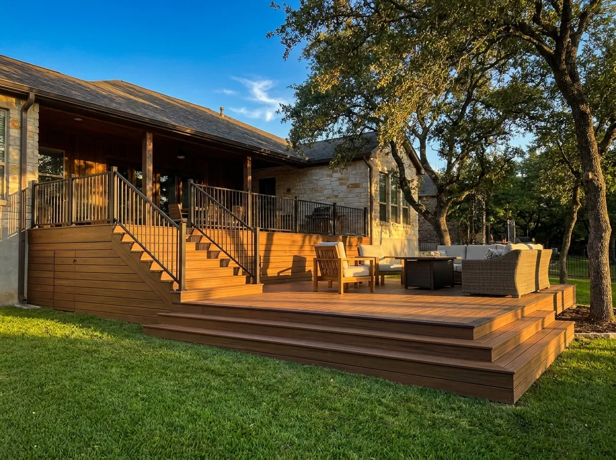 Backyard after a new composite deck with stairs