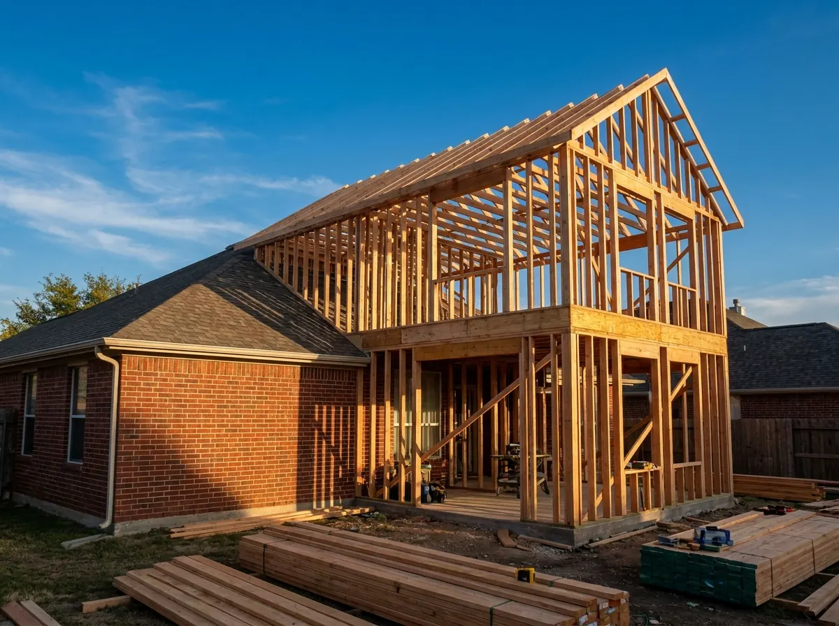 Wood framing of a two story home addition in Dallas