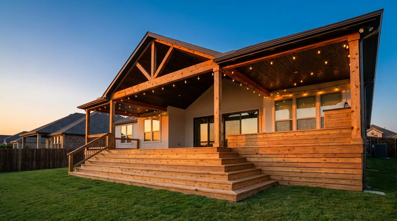 Cedar covered porch and deck built in Dallas Fort Worth at dusk