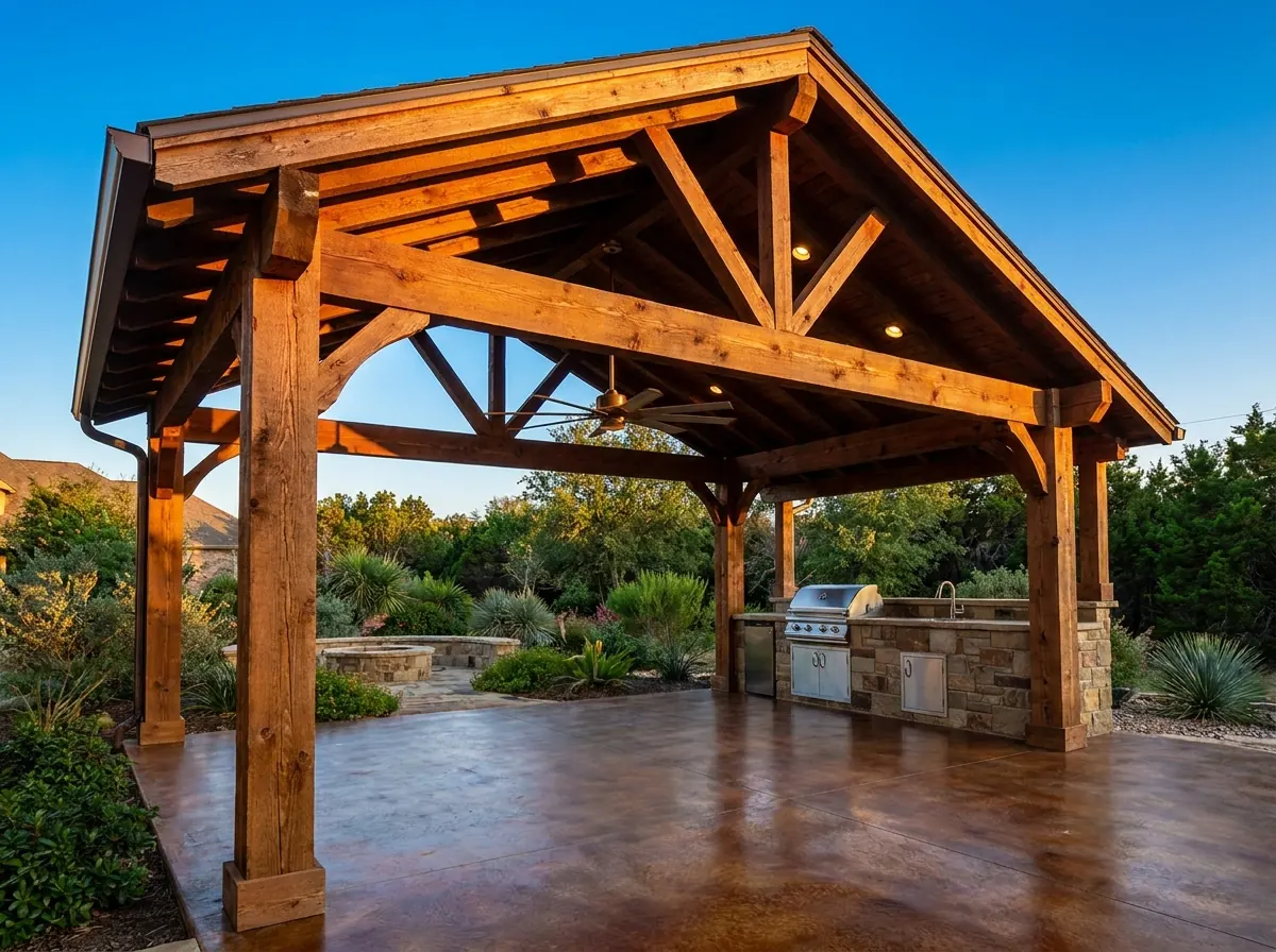 Cedar patio cover with outdoor kitchen